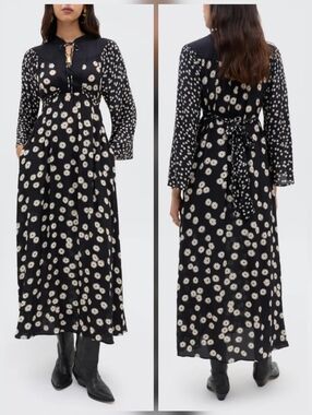 Rixo Anela Tie Neck Dress V-neck Long Sleeves Size 2